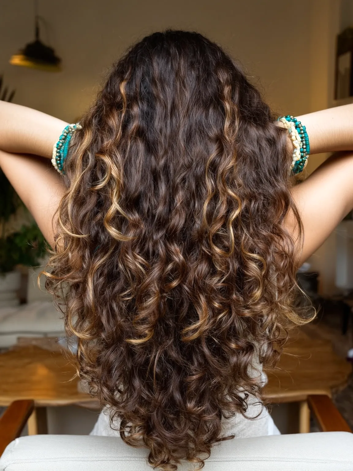 Curly Chocolate Brown Layers with Golden Balayage